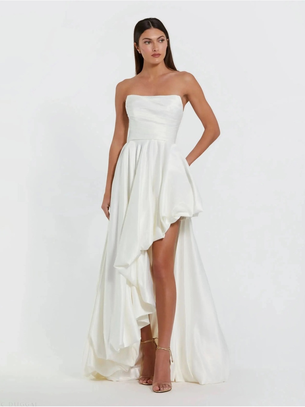 Mac Duggal Strapless White Hi-Low Satin Bridal Gown